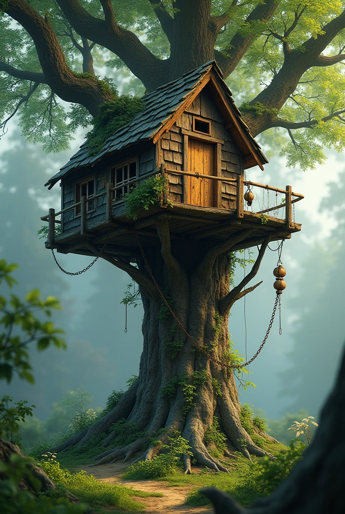 Make a small house, a rickety hut on a tall tree, the front door of the house is visible