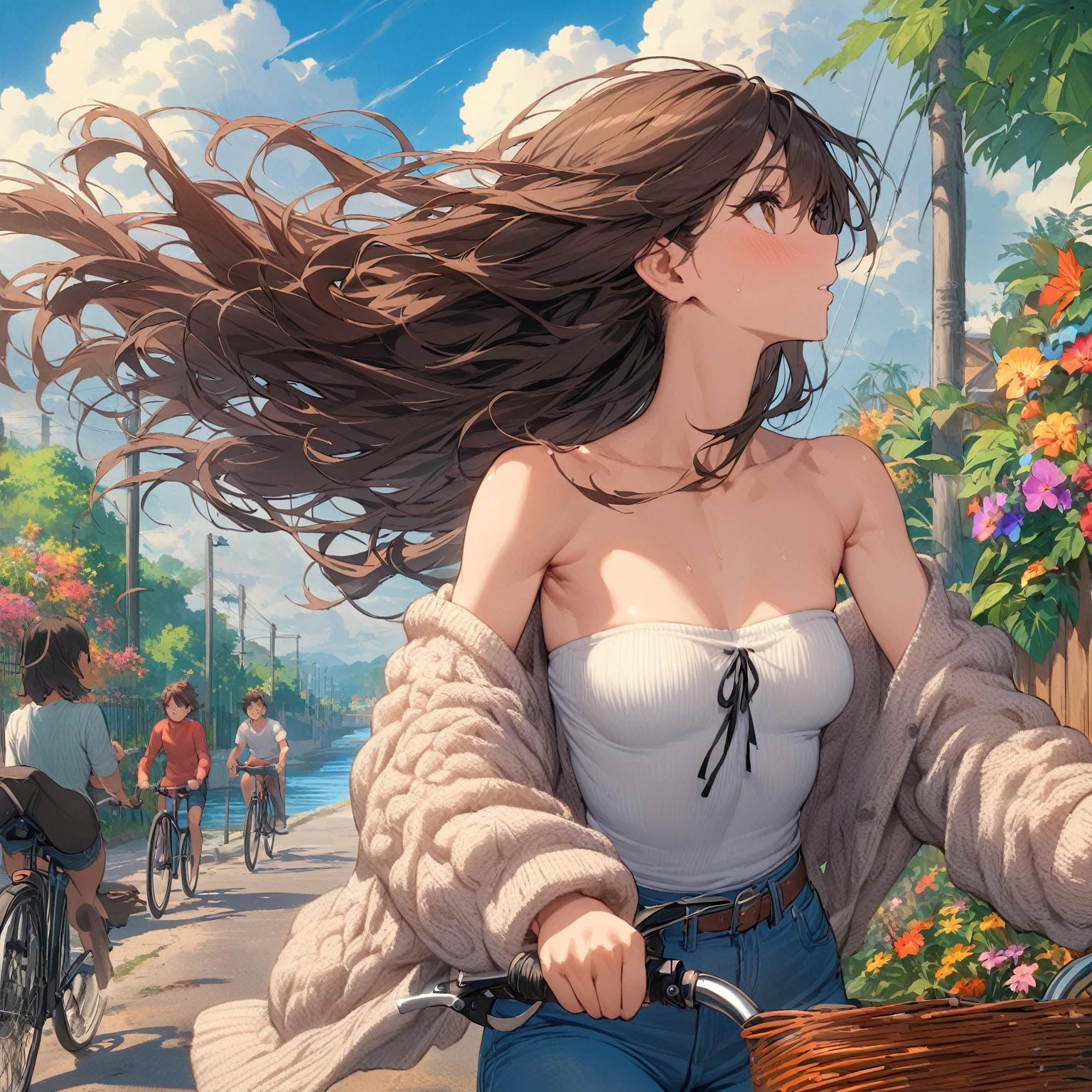 Best quality, masterpiece, hair blowing in wind, brown hair, very long hair, brown eyes, swept bangs, knitted cardigan, white strapless shirt with black string, jeans, tropical plants, riding bike, neighborhood, flowers, fence, trees, river, thunderhead clouds, colorful flowers, people in background, small breasts, toned arms, autumn,