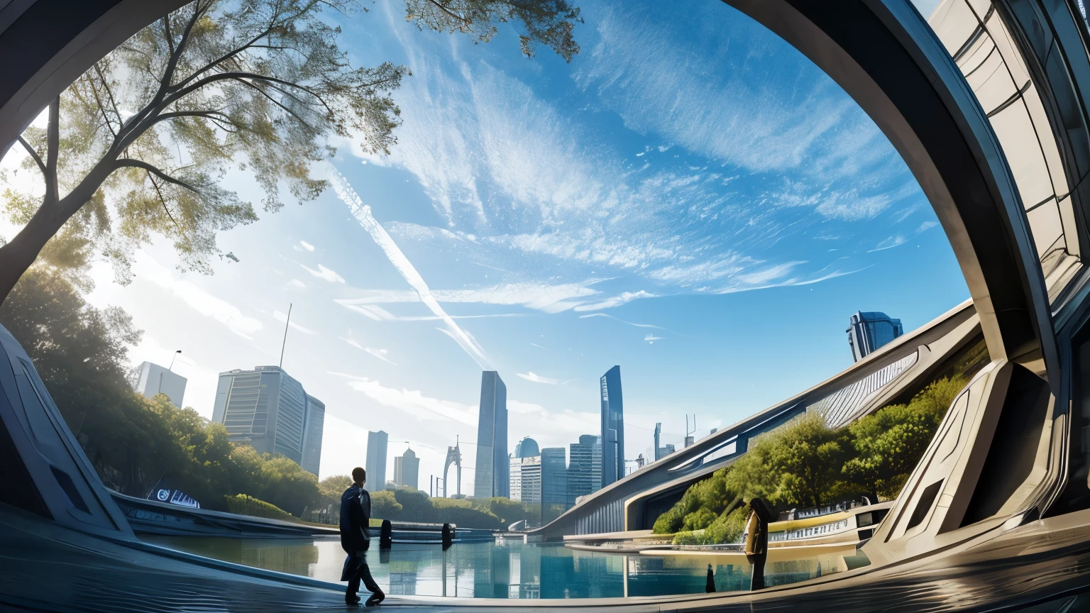 scifi, beautyful futuristic park, architectual, space design, cyberpunk, futuristic, lake, people, hightech, hard-surface design, daylight, much tech, much electronic, very cozy, ambient light, realistic view, wide angle, year 2224
