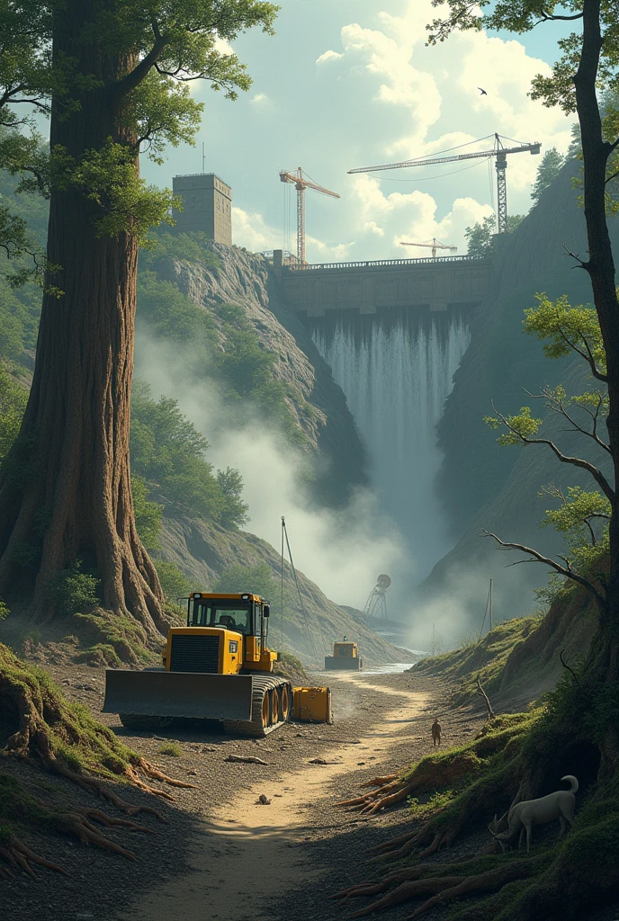 Make a representative image of the flora and fauna dying because of the construction of a hydroelectric plant 