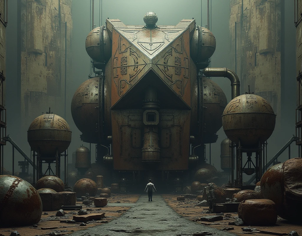 Industrial Symphony: Grunge, metallic, geometric shapes, muted and dark colors