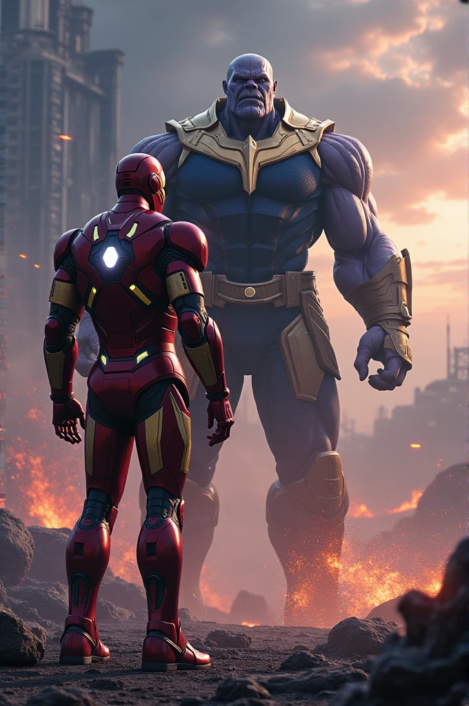 Iron man standing in shadow agaist thanos