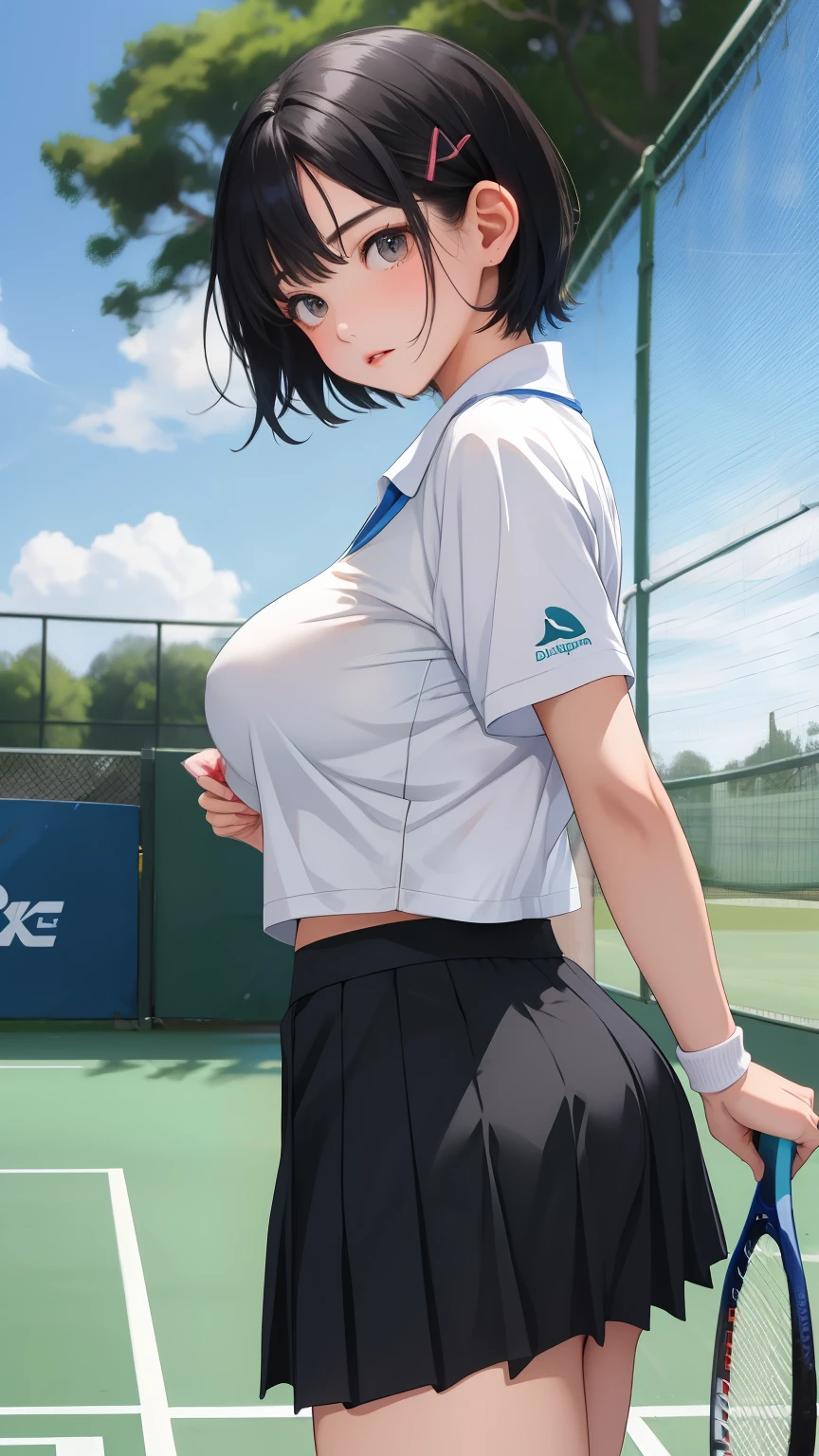 masterpiece, best quality,absurdres,high school girl、18-year-old、Very Short Hair、Black Hair、Dolphin hairpin、Big Breasts、Tennis Wear、I'm in a bad mood、(Grabbing a male student by his tie:1.5)、