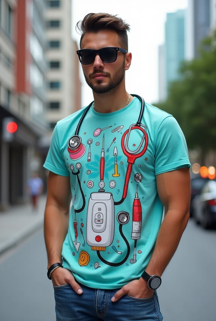 best dressed in a t-shirt with a print of medical implements and jeans