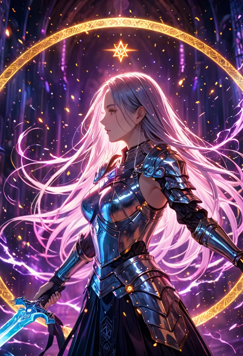(best quality, masterpiece:1.2), ultra-detailed, a huge glowing sword, ancient glowing symbols on the blade, a girl wearing armor, Cuvry Pose,Dynamic Action,long flowing hair, silver armor, electric arc hexagram magic circle background, magical effects, detailed magic circle, detailed hexagram, intricate sword handle texture, thick breath mist, Surrealism, 4k, 8k, highres, best quality, highres, anatomically correct, textured skin,vivid color,
