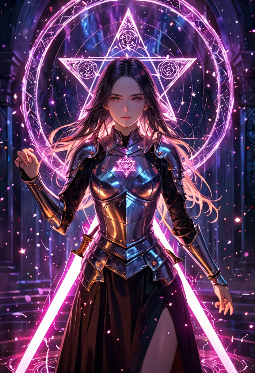 (best quality, masterpiece:1.2), ultra-detailed, a huge glowing sword, ancient glowing symbols on the blade, a girl wearing armor, Cuvry Pose,Dynamic Action,long flowing hair, silver armor, electric arc hexagram magic circle background, magical effects, detailed magic circle, detailed hexagram, intricate sword handle texture, thick breath mist, Surrealism, 4k, 8k, highres, best quality, highres, anatomically correct, textured skin,vivid color,