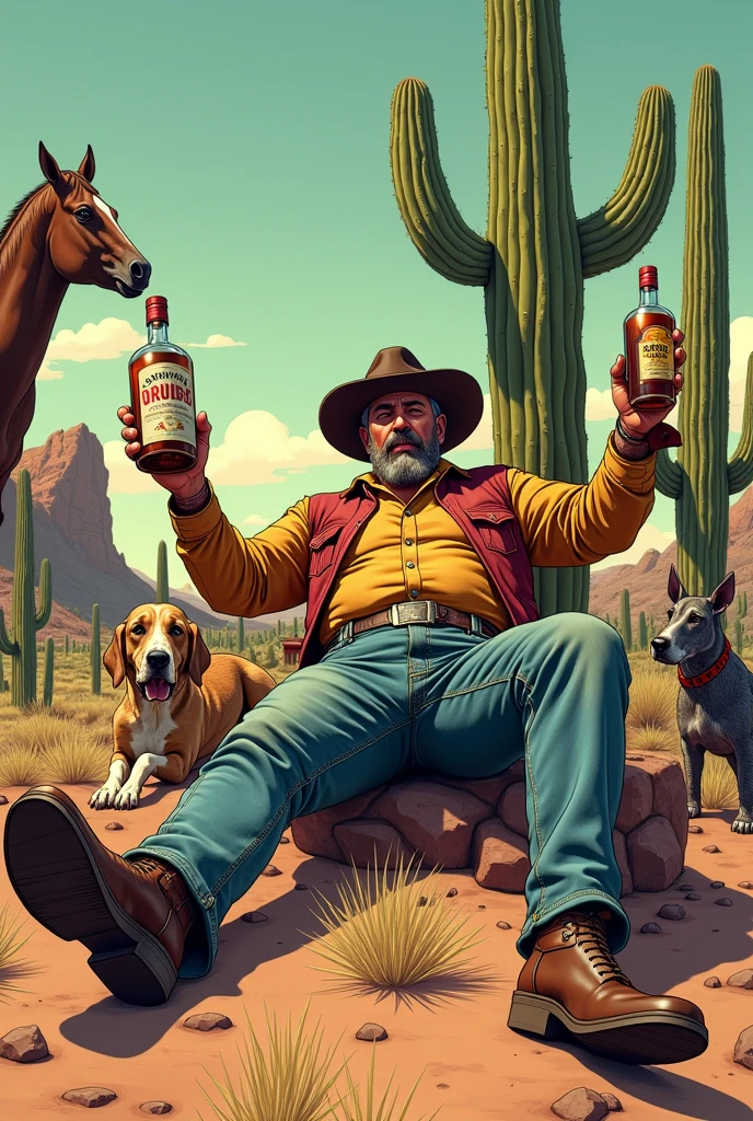 Hyperrealistic color comic with a 1950s look, a drunken cowboy with two large bottles of liquor in his hands lying on a cactus in the desert, next to him a horse, a dog, an armadillo and a cowgirl who helps him get up, in the background a canteen