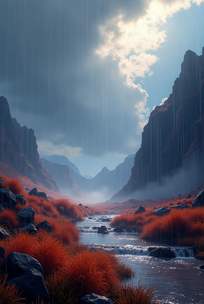 Bright background with rain black and brown mountains in corner and clouds 
