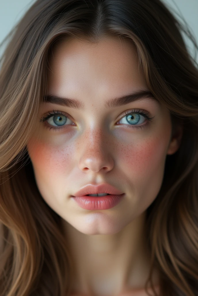 Visage d’une fille brune de 22 ans avec les yeux bleu de type européenne tres realiste en 4k