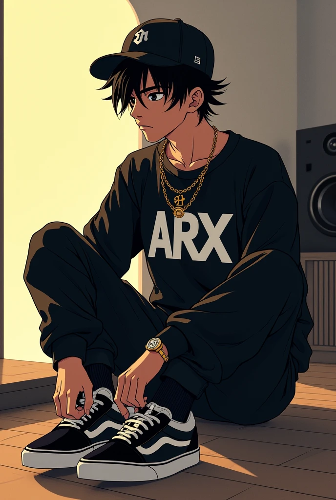 
 
Teenage Goku, hip hop style cap on head, black eyes, listening to music, sitting in a room with white walls with black furniture and bright lights, slave chain with the initial Arx in gold, Loose black sweatshirt with a print in the center written ARX in white, long black pants and Nike Vans-type sneakers,  interior, soft light, relaxed pose, in the background a music speaker, realist, warm colors, by Greg Rutkowski, by Alphonse Mucha. 
