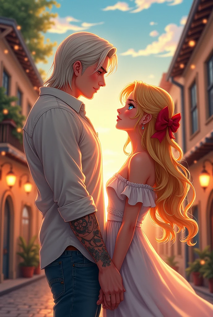 I would like to get an anime-style image of a couple consisting of a tall, masculine, handsome man with long platinum hair below the shoulders, blue eyes, jeans, a light shirt with sleeves rolled up to the elbow, a tattoo on his arm, he look at the young incredibly beautiful femme fatale blonde with long golden hair, blue eyes, red A bow on her hair, she's wearing a beautiful dress. It's warm, August, evening, a romantic little town. they are happy, in love.