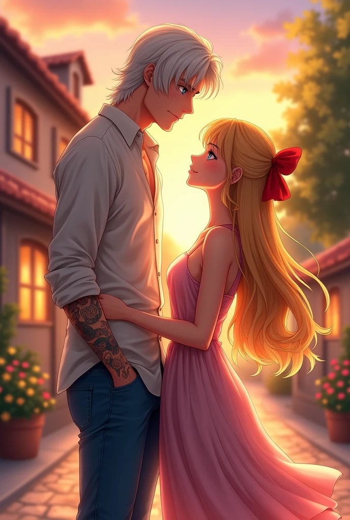 I would like to get an anime-style image of a couple consisting of a tall, masculine, handsome man with long platinum hair below the shoulders, blue eyes, jeans, a light shirt with sleeves rolled up to the elbow, a tattoo on his arm, he look at the young incredibly beautiful femme fatale blonde with long golden hair, blue eyes, red A bow on her hair, she's wearing a beautiful dress. It's warm, August, evening, a romantic little town. they are happy, in love.