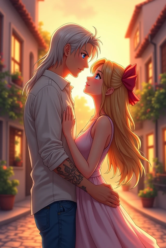 I would like to get an anime-style image of a couple consisting of a tall, masculine, handsome man with long platinum hair below the shoulders, blue eyes, jeans, a light shirt with sleeves rolled up to the elbow, a tattoo on his arm, he look at the young incredibly beautiful femme fatale blonde with long golden hair, blue eyes, red A bow on her hair, she's wearing a beautiful dress. It's warm, August, evening, a romantic little town. they are happy, in love. 