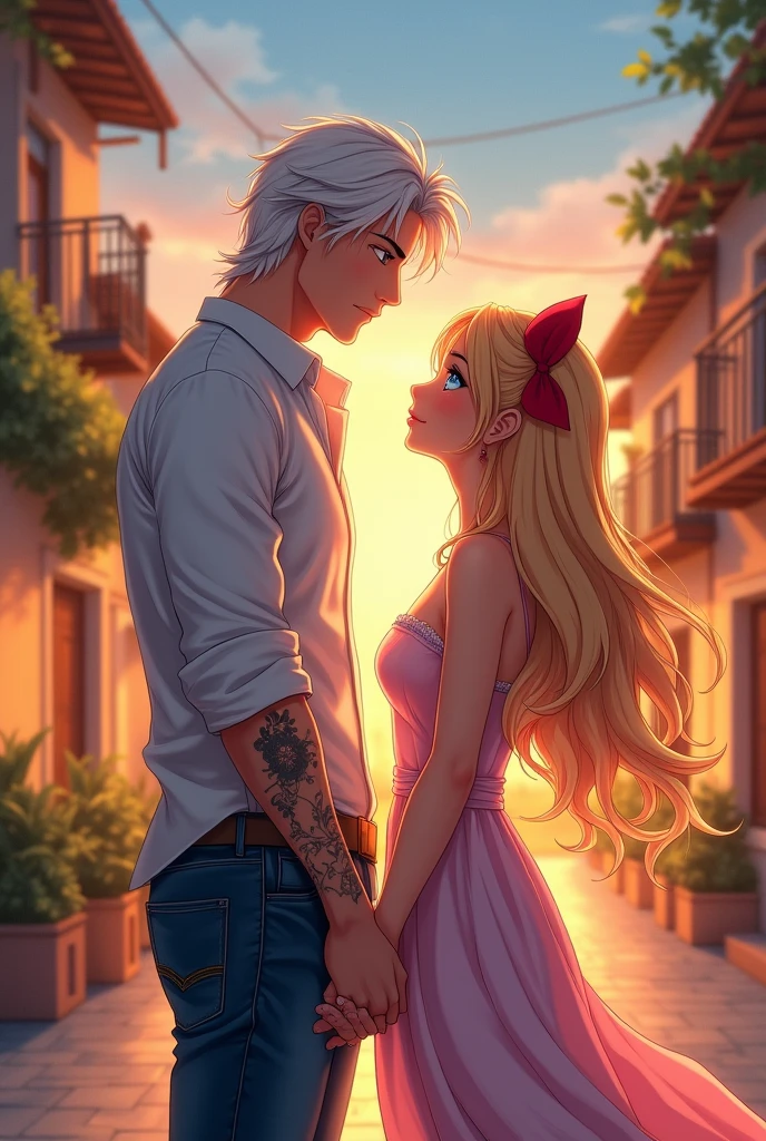 I would like to get an anime-style image of a couple consisting of a tall, masculine, handsome man with long platinum hair below the shoulders, blue eyes, jeans, a light shirt with sleeves rolled up to the elbow, a tattoo on his arm, he look at the young incredibly beautiful femme fatale blonde with long golden hair, blue eyes, red A bow on her hair, she's wearing a beautiful dress. It's warm, August, evening, a romantic little town. they are happy, in love.