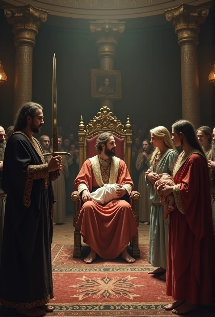 Para criar uma imagem que retrate a história de Solomon, Considere os seguintes elementos: 1. **Scenario**: A royal court, com Solomon sentado em um trono elevado, surrounded by nobles or advisors. 2. **Personagens**: - Solomon, dressed in royal clothes, showing an expression of wisdom and firmness. - Two women, one with a distressed appearance, holding a baby and another with a look of despair or anger. 3. **Action**: -AND A GUARD OF SOLOMON NEARBY HOLDING THE SWORD TO CUT THE BABY IN HALF. WITH THE SOLDIER OF SOLOMON WITH THE BABY IN HIS HANDS ABOUT TO CUT THE BABY - The real woman, with an expression of love and pain, begging for the baby not to be hurt. 4. **atmosphere**: A tense environment, with the crowd watching, reflecting the gravity of the situation. Esses elementos ajudarão a transmitir a essência da história de Solomon e seu julgamento sábio..(best qualityer,4K,8k,highres,master part:1.2),ultra detali,[realisitic,Fotorrealisitic,fotorrealisitic:1.37] portraits, [Dark and mysterious colors], [Subtle and dim lighting], [vintage and antique texture] in 1 Kings 3:16-28. Duas mulheres vieram até o rei Solomon, each claiming to be the mother of a newborn baby. They had both recently given birth., but one of the babies died during the night. Each woman claimed the living baby was hers., leading to a stalemate. To resolve the dispute, Solomon sugeriu que trouxessem uma espada e cortassem o bebê ao meio, giving half to each woman. The real mother immediately opposed the idea., asking that the baby be given to the other woman, because I would rather see him live than see him die. Solomon, Then, discerned that this woman was the real mother, because her genuine love for her son led her to give him up. Thus, he gave the baby to her and the fame of her wisdom spread throughout all Israel. KING SOLOMON WAS 20 YEARS OLD AT THAT TIME