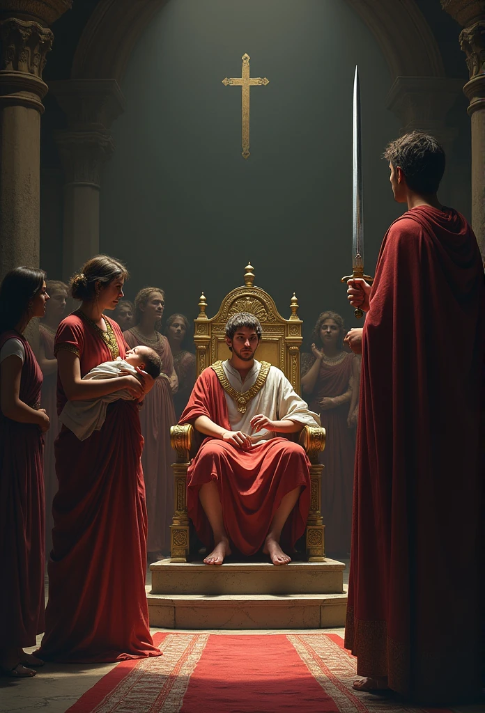 Para criar uma imagem que retrate a história de Solomon, Considere os seguintes elementos: 1. **Scenario**: A royal court, com Solomon sentado em um trono elevado, surrounded by nobles or advisors. 2. **Personagens**: - Solomon, dressed in royal clothes, showing an expression of wisdom and firmness. - Two women, one with a distressed appearance, holding a baby and another with a look of despair or anger. 3. **Action**: -AND A GUARD OF SOLOMON NEARBY HOLDING THE SWORD TO CUT THE BABY IN HALF. WITH THE SOLDIER OF SOLOMON WITH THE BABY IN HIS HANDS ABOUT TO CUT THE BABY - The real woman, with an expression of love and pain, begging for the baby not to be hurt. 4. **atmosphere**: A tense environment, with the crowd watching, reflecting the gravity of the situation. Esses elementos ajudarão a transmitir a essência da história de Solomon e seu julgamento sábio..(best qualityer,4K,8k,highres,master part:1.2),ultra detali,[realisitic,Fotorrealisitic,fotorrealisitic:1.37] portraits, [Dark and mysterious colors], [Subtle and dim lighting], [vintage and antique texture] in 1 Kings 3:16-28. Duas mulheres vieram até o rei Solomon, each claiming to be the mother of a newborn baby. They had both recently given birth., but one of the babies died during the night. Each woman claimed the living baby was hers., leading to a stalemate. To resolve the dispute, Solomon sugeriu que trouxessem uma espada e cortassem o bebê ao meio, giving half to each woman. The real mother immediately opposed the idea., asking that the baby be given to the other woman, because I would rather see him live than see him die. Solomon, Then, discerned that this woman was the real mother, because her genuine love for her son led her to give him up. Thus, he gave the baby to her and the fame of her wisdom spread throughout all Israel. KING SOLOMON WAS 20 YEARS OLD AT THAT TIME