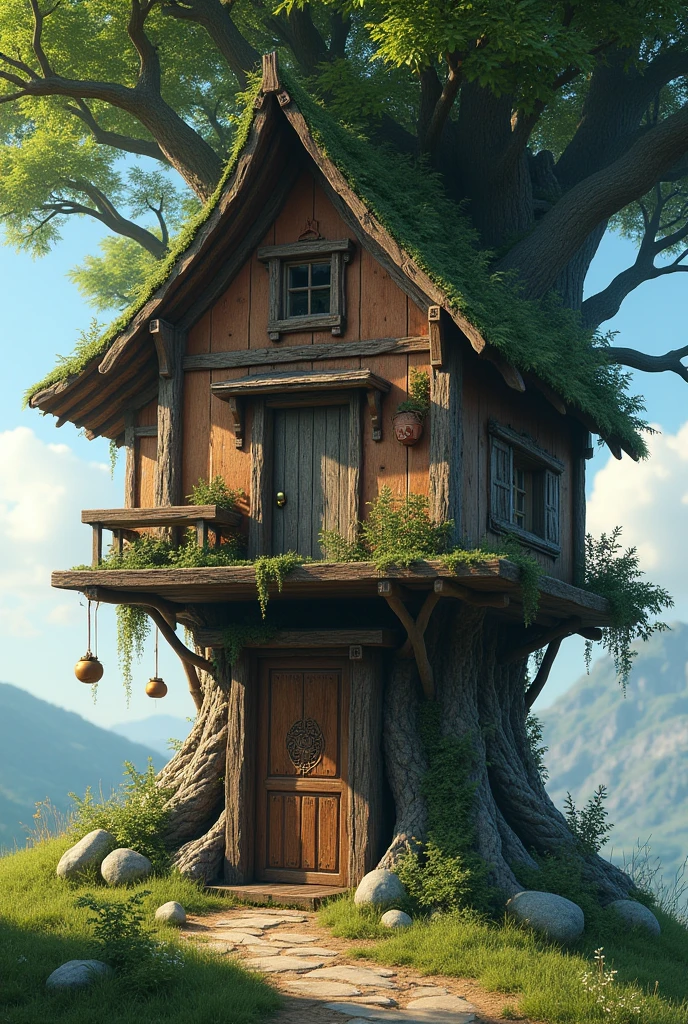 Make a small house, a rickety hut on a tall tree, the door of the house is visible in front of the camera