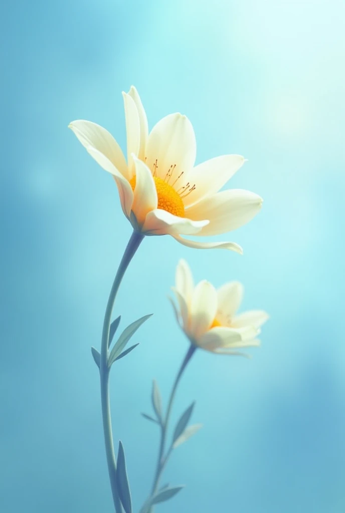 Create a photo, which depicts a dancing flower against a soft blue background. The flower must be graceful, with petals, slightly curving or fluttering, as if a light breeze touches them. Convey a sense of movement, as if a flower were spinning or swaying in a dance, creating a lively and dynamic atmosphere. The blue background should be soft., reminiscent of a light sky, without sharp contrasts, to keep the focus on the flower. Lighting should be soft, emphasizing the text