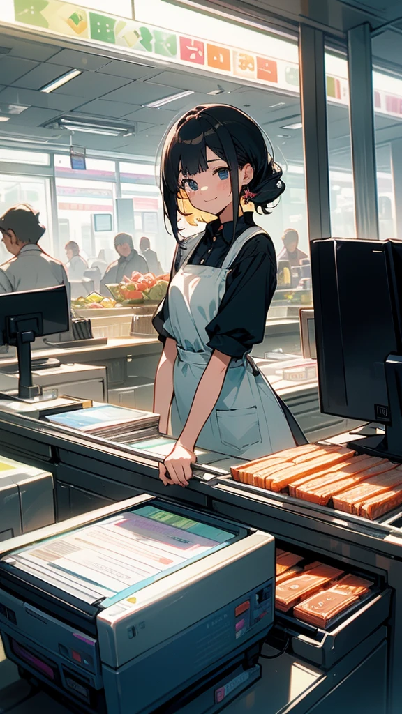 young woman,smile,((Standing inside the cash register)),Touching the cash register machine,Customer Service,((There is a cash register on the table)),(Scanning product barcodes at the cash register)),Each person has one register,Supermarket clerk,Wearing an apron,uniform,((Working as a cashier)),((There are multiple cashiers.)),((cashier,register,)),((Receive money from customers)),There are products on the shelves,In the supermarket,Bright interior,grocery store,There are customers.,Waiting in line at the cash register