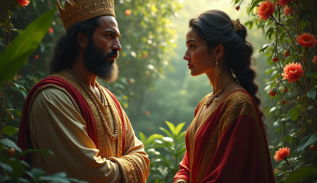 An intimate scene showing the Queen of Sheba and Solomon in a secret palace garden, surrounded by exotic vegetation and fragrant flowers. They are discussing something in secret, with serious expressions, suggesting the depth and mystery of their conversation.