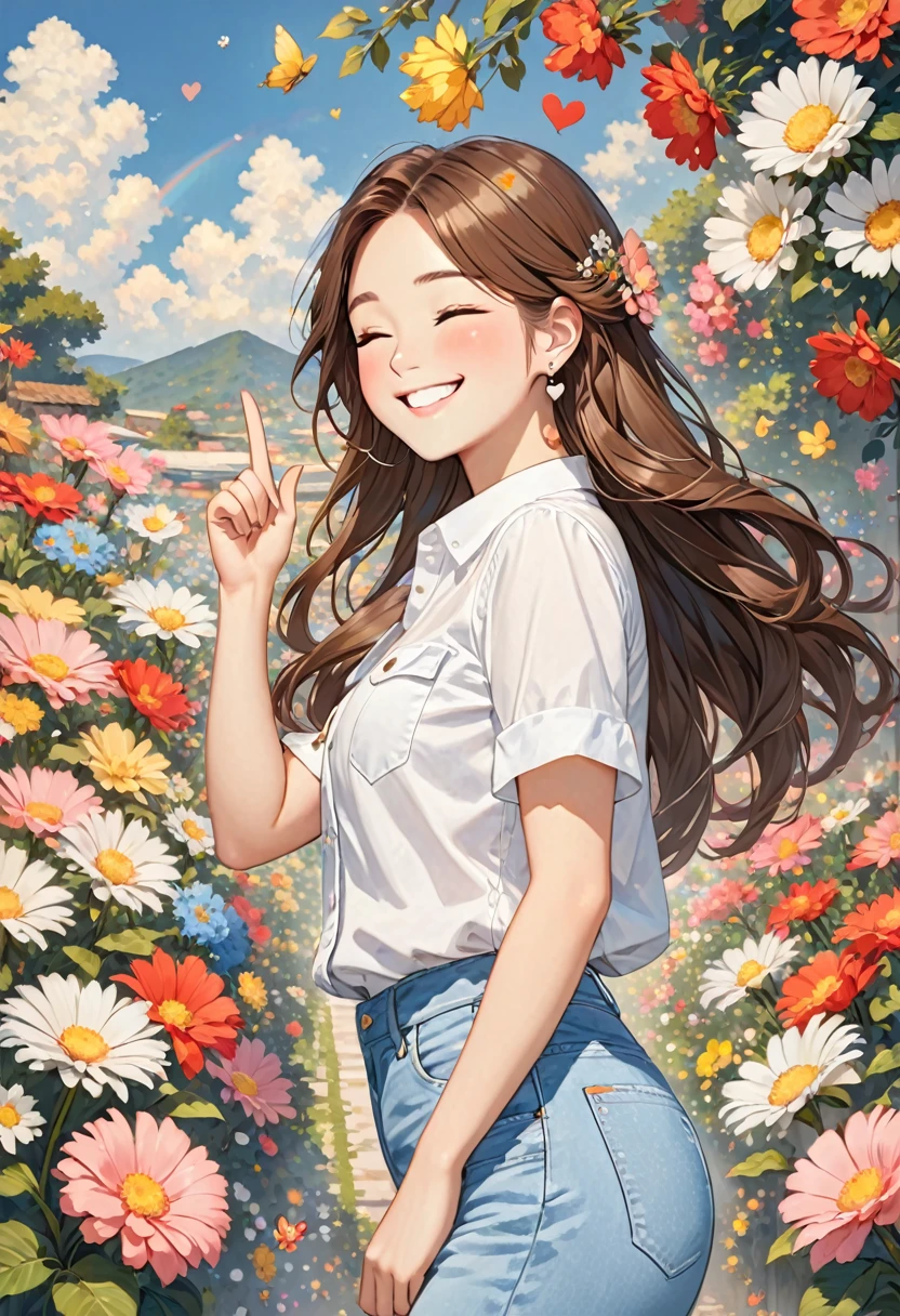 a girl with long hair standing next to flowers and pointing skyward, 1girl, solo, v, closed eyes, shirt, hair ornament, hair flower, jewelry, long hair, flower, heart, earrings, brown hair, white shirt, smile, hand up, denim, pants, short sleeves, blush
