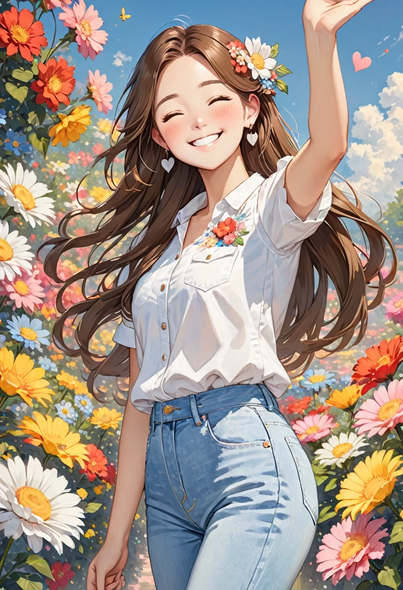 a girl with long hair standing next to flowers and pointing skyward, 1girl, solo, v, closed eyes, shirt, hair ornament, hair flower, jewelry, long hair, flower, heart, earrings, brown hair, white shirt, smile, hand up, denim, pants, short sleeves, blush