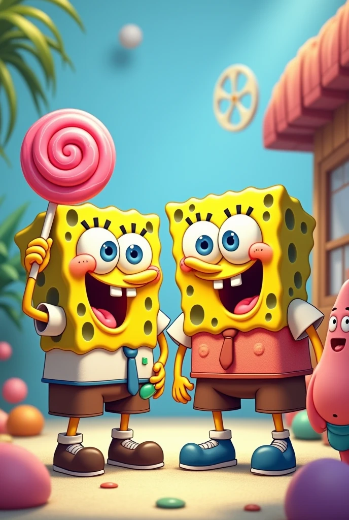 SpongeBob and Patrick Star wearing children's clothes and holding lollipops