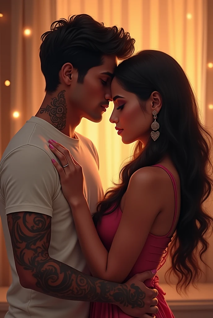 An indian man who have tatto in his hand and chest wearing a t shirt and who is handsome enough is kissing on forehead of his beautiful indian girlfriend