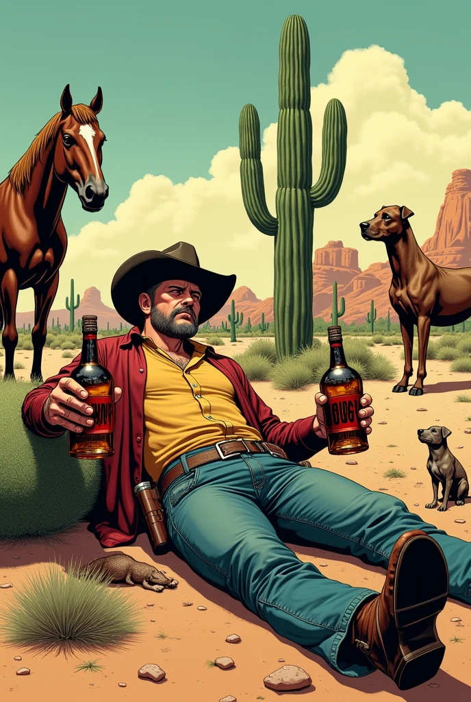 Hyperrealistic color comic with a 1950s look, a drunken cowboy with two large bottles of liquor in his hands lying on a cactus in the desert, next to him a horse, a dog, an armadillo and a cowgirl who helps him get up, in the background a canteen