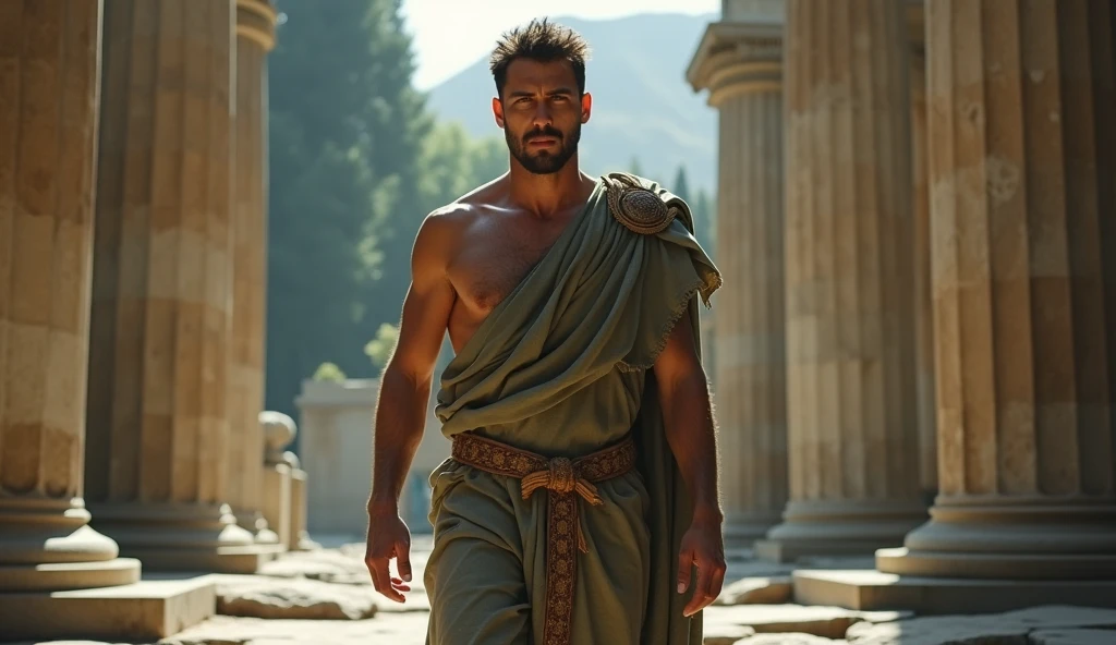 In a grand Roman forum, a male stoic philosopher with a well-proportioned and attractive physique is depicted in a moment of profound disorientation and despair. The scene shows the philosopher standing in a dramatic pose, as if he is on the edge of a precipice or about to fall. He is dressed in classic tunics in muted earthy tones—grey, brown, and olive green—with subtle gold or copper accents. The background features the majestic Doric columns and the Forum’s grandeur, but the ground beneath the philosopher appears fragmented or blurred, creating a sense of instability and detachment. The lighting is dramatic, with harsh contrasts and deep shadows that emphasize the philosopher’s disoriented expression and the overwhelming feeling of loss. The camera captures a medium shot, focusing on the philosopher's tense body language and the unsettling, fractured ground beneath him, symbolizing the emotional upheaval and the sensation of the ground vanishing beneath him.