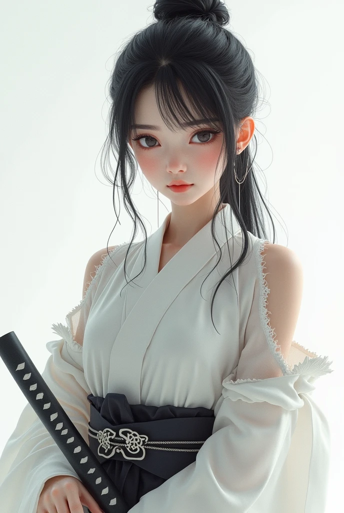 Highest quality, Realistic, Very detailed, finely, High resolution, 8k、Beautiful Japanese Ninja、with double teeth、A face with dimples、Delicate eyes、Facing forward、looking at the camera、White translucent torn clothes、Hold the sword
