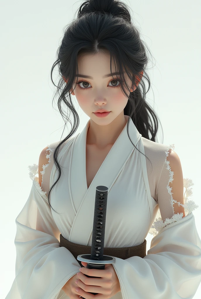 Highest quality, Realistic, Very detailed, finely, High resolution, 8k、Beautiful Japanese Ninja、with double teeth、A face with dimples、Delicate eyes、Facing forward、looking at the camera、White translucent torn clothes、Hold the sword