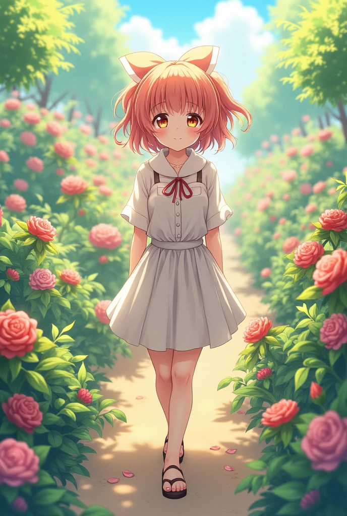 Sakura Matou walking in a garden full of flowers. Your smile is one of happiness and your eyes are beautiful