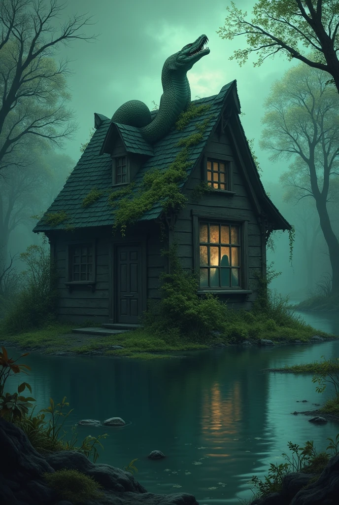A story book cover having haunted one roof house with snake on upper roof + green leaves on building wall and ghosts inside the house. The house being in middle of the water source. Tittle of book "NO ROOMS FOR HUMAN"