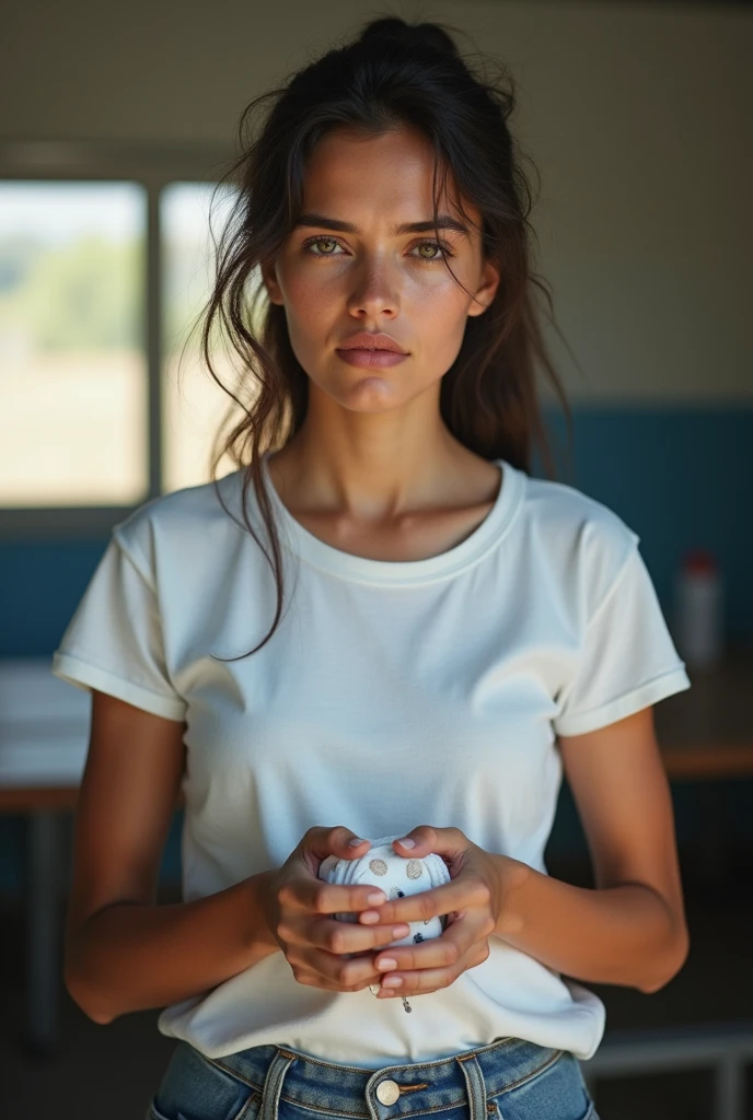 Woman dressed in white t-shirt with medical supplies and jeans