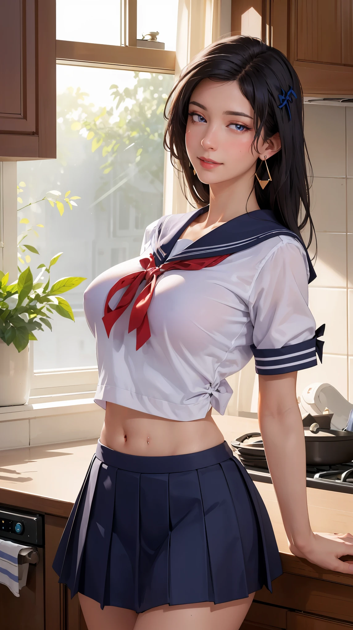 ((((masterpiece, best quality, high resolution)))), Extremely detailed 8K, Beautiful girl with voluptuous body, (Ultra HD, Ultra-detailed, Highly detailed, Highly realistic, Ultra-realistic, photograph realistic), (1girl:1.5), (Realistic black hair), (long silky hair, hair ornaments, earrings), (dynamic poses), facing at camera, looking at viewer, (blushing red, embarrassed, exhausted, smile), (violet eyes, sharp eyes), (big perky breasts:1.2), (wide hips:1.2), (beautiful detailed face, beautiful detailed eyes), ((sailor fuku uniform, red ribbon, blue plated skirt)), (detail pussy), (leaning against counter), sweat, glow, (sunbeam, sunlight), ((cowboy shot)), kitchen, seductive