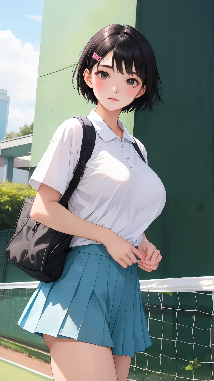 masterpiece, best quality,absurdres,high school girl、18-year-old、Very Short Hair、Black Hair、Dolphin hairpin、Big Breasts、Tennis Wear、I'm in a bad mood、(Grabbing a male student by his tie:1.5)、