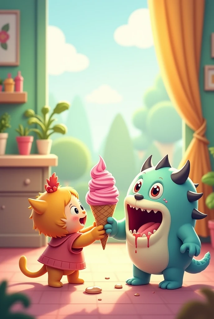 The cute hero and the cute monster quarreled over ice cream