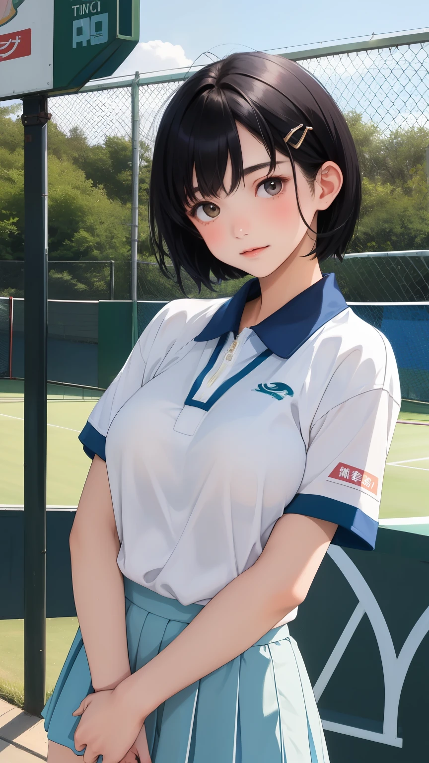 masterpiece, best quality,absurdres,high school girl、18-year-old、Very Short Hair、Black Hair、Dolphin hairpin、Big Breasts、Tennis Wear、I&#39;m in a bad mood、(Grabbing a male student by his tie:1.5)、
