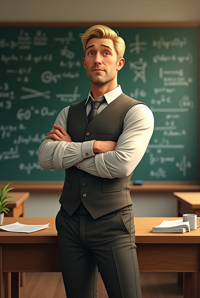 Man with square face and blond hair who is a math teacher.