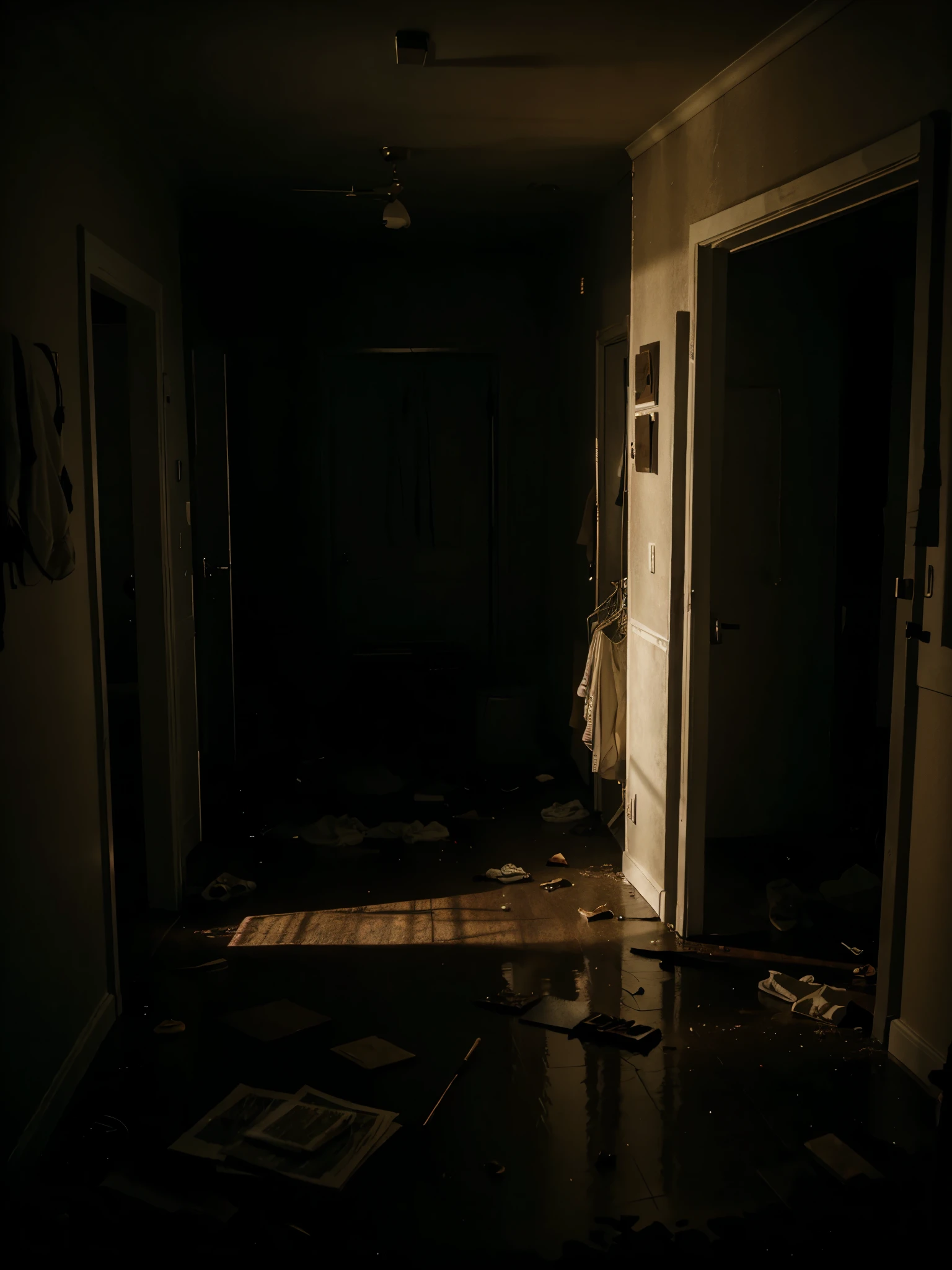 dark lighting, abandoned dirty room