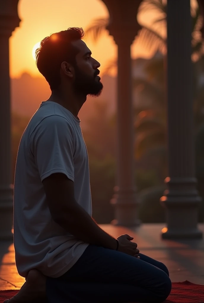 A muslim praying in ramadan, infront of iftar. Bangladeshi 30 yr old man wearing tshirt