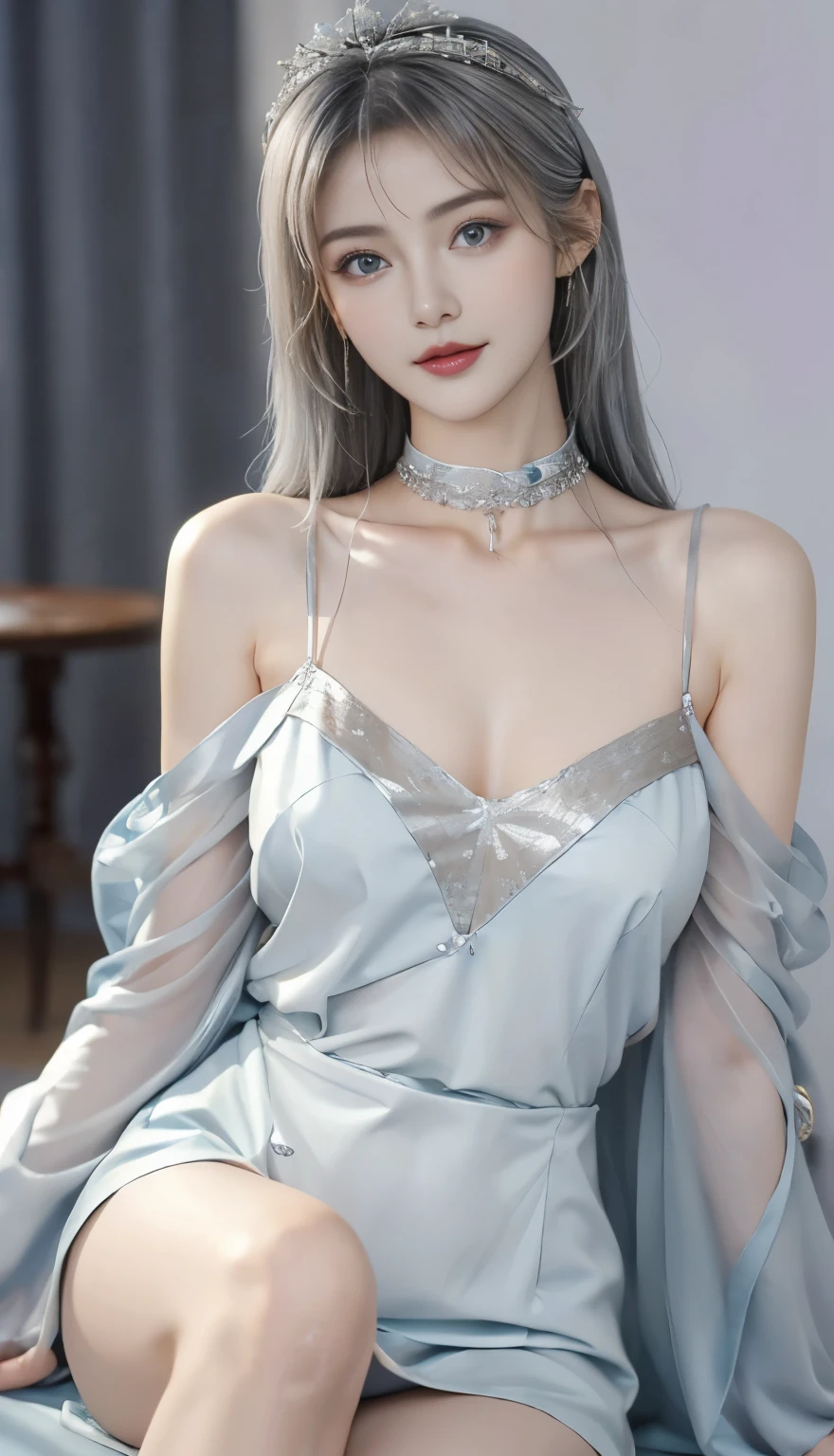 Beautiful sitting posture for taking photos, See-through dress,  High waisted and big butt，Extremely short skirt, Wearing a skirt made of sea blue beads,  Sky blue textured clothes, Sexy（顶级Sexy服装设计，Sexy sea blue underwear1.3）, ((Cami White, Silver hair, Bangs, Shoulder-length hair, blue eyes, Antenna hair, Abdominal muscles, )), (Delicate face), Small lips，(Smile:1.1,) ((Abaya,)),Black long hair,(Beautiful face，Exquisite details:1.5)(Beautiful big breasts：1.2),(蓬松的blue eyes: 1.21),Former God Furina，(Wearing a dress made of blue stars，Silver jewelry：1.2，Silver Crown：1.5，silver tassel：1.37，Silver Collar，Silver texture，brilho prata），Showing thighs，Holding a wine glass in one hand，Simple interior light and shadow background