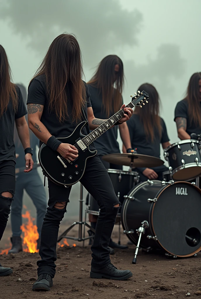 A band of long haired men with their faces hidden by DARK BROWN hair and NO TATTOOS and WITH BLACK PANTS AND A RIPPED BLACK SHIRT, one of them playing a black jackson guitar, the very fat bass player with short hair , the fat drummer is also a vocalist, and all without showing their faces in a DEVASTATED WORLD with embers on the ground in an evening with a thin cloud of smoke