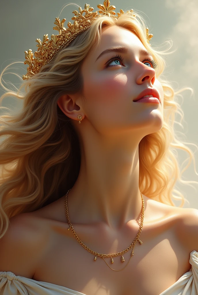 Create me a 3 quarter portrait of a Greek goddess with a Greek crown on her head She has her head facing the sky and a light on her face and blond hair Her shoulders are uncovered and she has a necklace 
