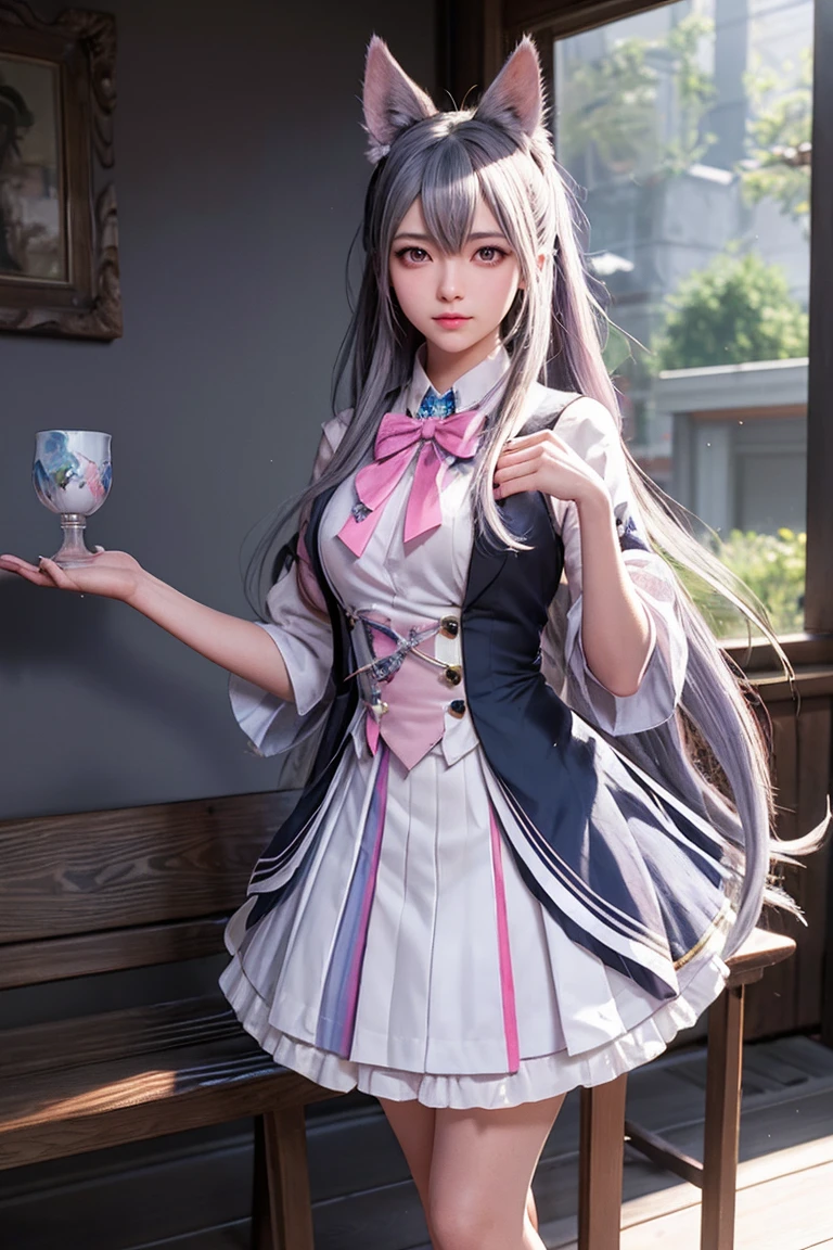 Ibuki Mioda /(danganronpa/), ultra-detailed bench, work of art, illustration, 8k, work of art, realistic shadows, Tuuli, Gradient, volumetric lighting, cute, ambient lighting, colorfully, shiny particles, beautiful detailed eyes 1girl, standing alone, (original outfit), dungeon background, blue and pink wizard outfit, layer, magie, fancy
