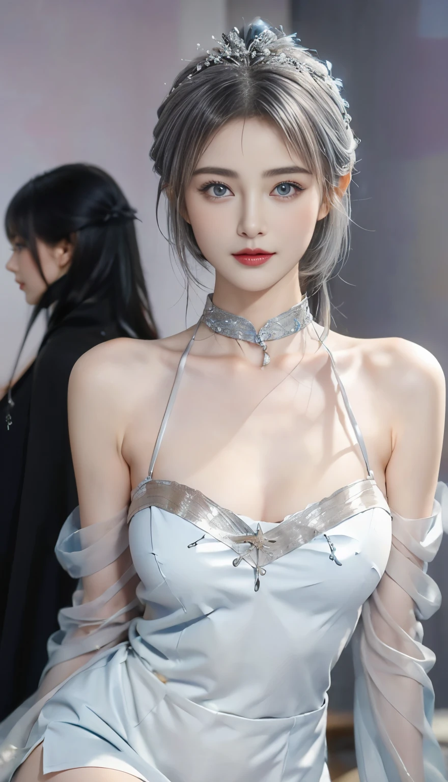 Beautiful sitting posture for taking photos, See-through dress, High waisted and big butt,Extremely short skirt, Wearing a skirt made of sea blue beads, Sky blue textured clothes, Sexy(顶级Sexy服装设计,Sexy sea blue underwear1.3), ((Cami White, Silver hair, Bangs, Shoulder-length hair, blue eyes, Antenna hair, Abdominal muscles, )), (Delicate face), Small lips,(Smile:1.1,) ((Abaya,)),Black long hair,(Beautiful face,Exquisite details:1.5)(Beautiful big breasts:1.2),(蓬松的blue eyes: 1.21),Former God Furina,(Wearing a dress made of blue stars,Silver jewelry:1.2,Silver Crown:1.5,silver tassel:1.37,Silver Collar,Silver texture,brilho prata),Showing thighs,Holding a wine glass in one hand,Simple interior light and shadow background