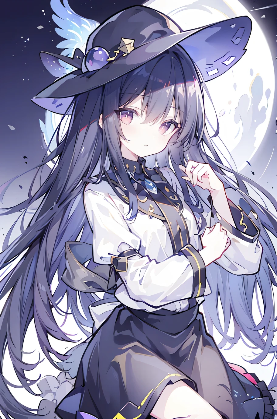 oung Girls,Humanity,A magician always smiles,big witch hat,cute,dark blue long hair,The eyes are dull,The bangs are heavy,Thin eyebrows,fantasy,intake,Double teeth,Star Theme,Constellation pattern,Solid color clothetal decoration,cloak,A bit of a dark atmosphere,A little crazy smile,When the big moon shines outside at night,blood,Hair black star embellishment,Short tie,No nails,High waist skirt,Bell sleeves,Long-sleeved shirt,Black tie,low risk,gentlemen。Mist、Yellow and white effect,Shocking pink as an accent color