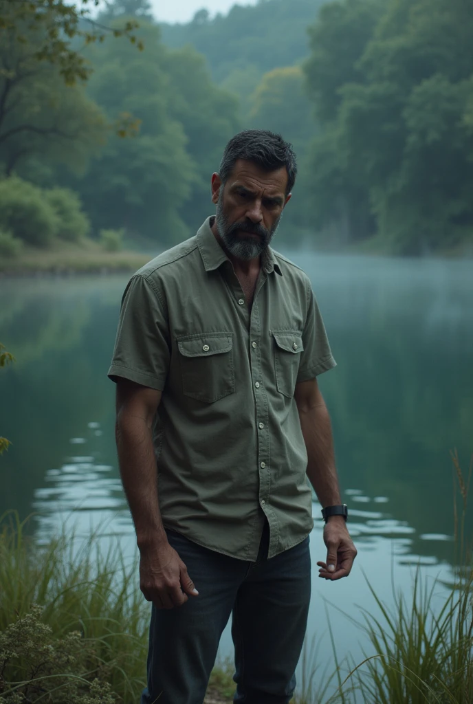 A man stands by the lake, sad,wicked, wants to help drowning mom wife daughter