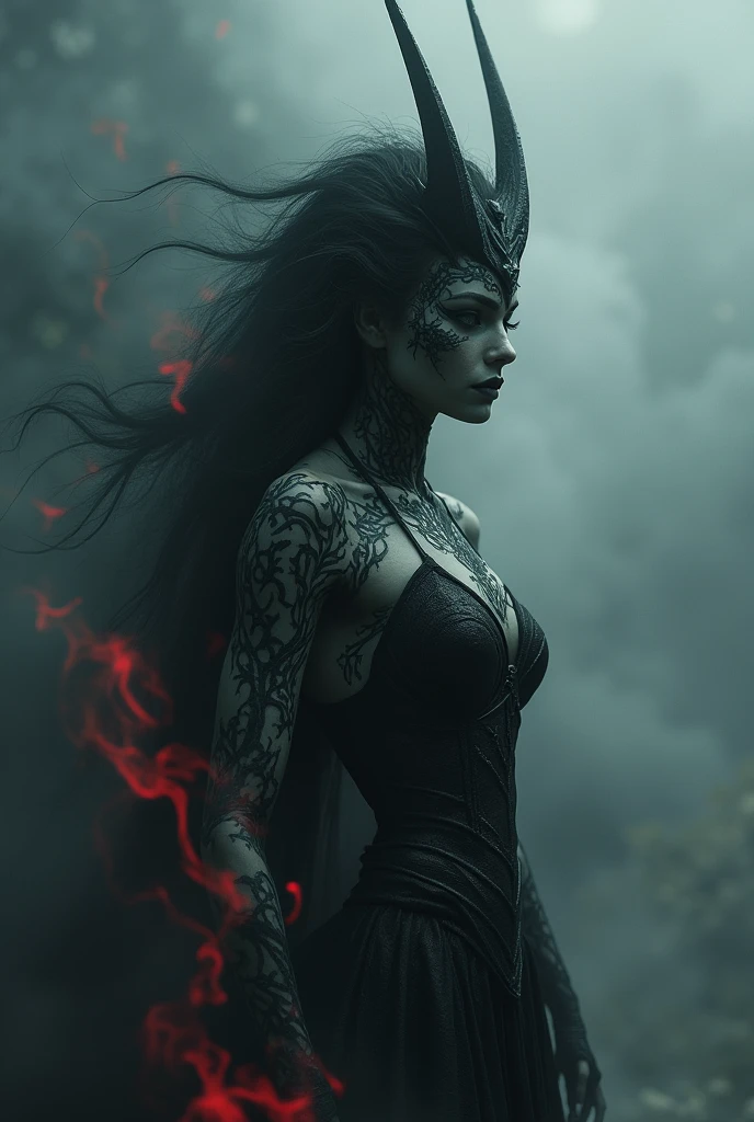 A highly detailed and hyper-realistic depiction of a dark, beast-like goddess with intricate facial scars...full length. The character is surrounded by fog, evoking a mysterious and eerie atmosphere. The lighting is dark and atmospheric.., with red smoke, adding an ominous atmosphere. Better quality image, with 4k resolution and HDR enhancement, Demonstration of the maximum level of detail and realism